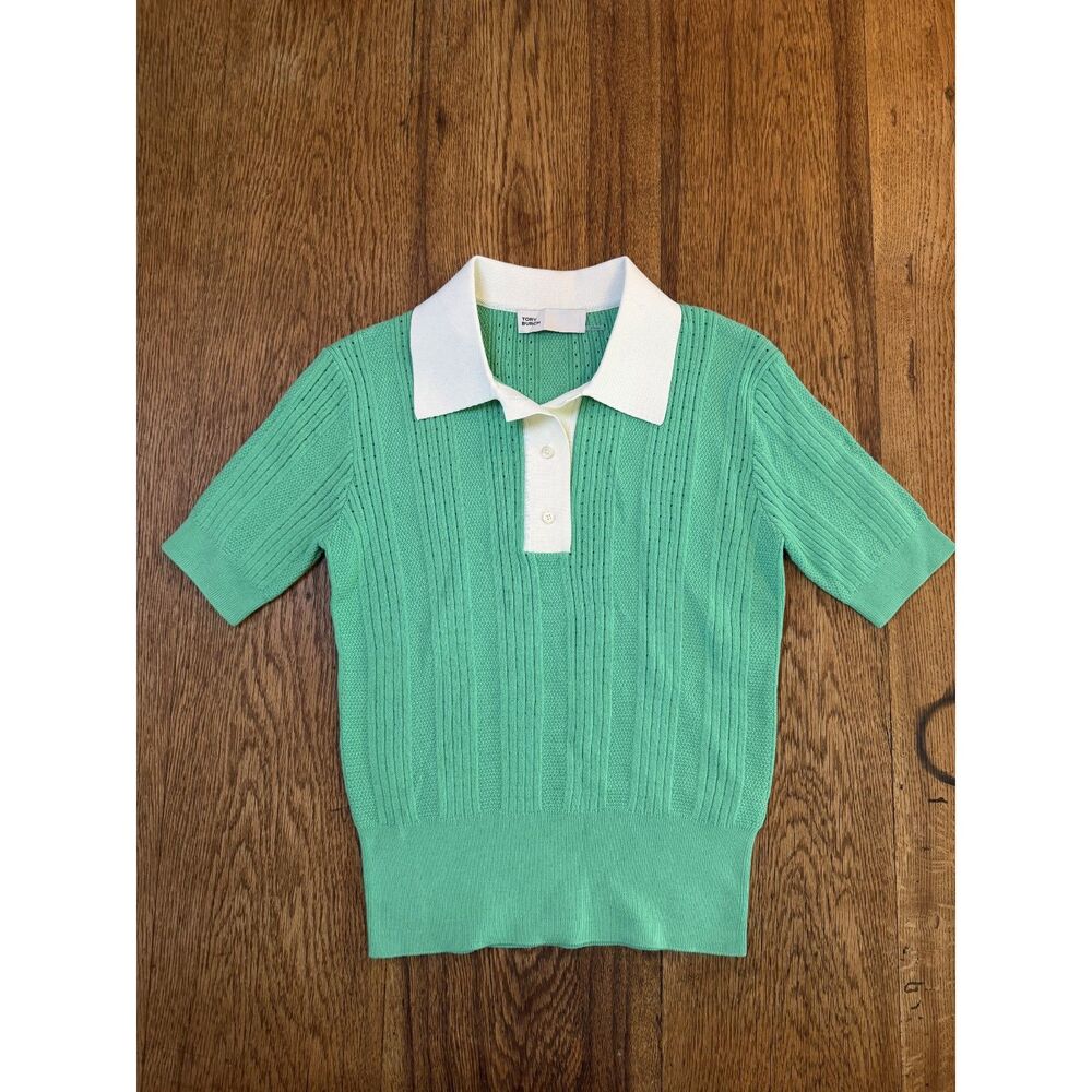 Tory Burch Cotton Pointelle Polo Sweater Vibrant Green Ivory XS